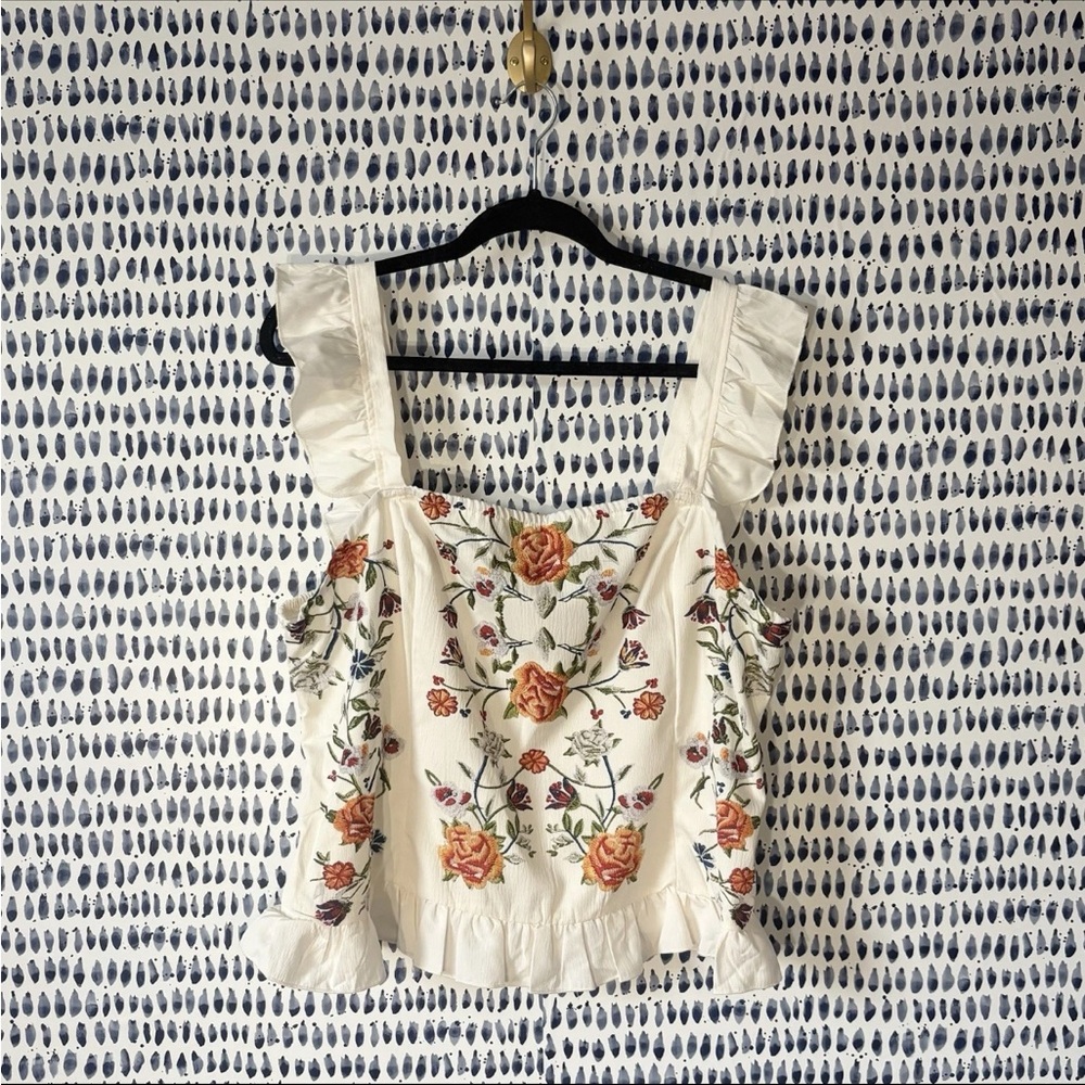 Women’s Unbranded Ruffle Detail Tank Blouse sz XL Ivory Floral Polyester Summer
